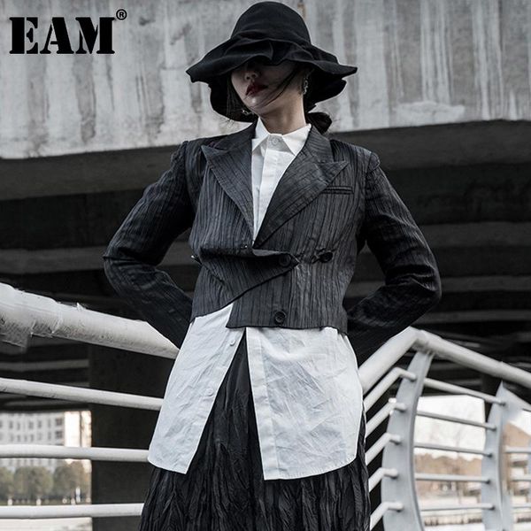

[eam] women black pleated pocket casual blazer lapel long sleeve loose fit jacket fashion tide spring summer 2021 1dd6202 women's suits, White;black