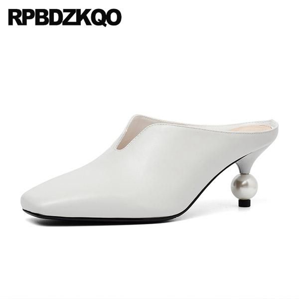 

dress shoes genuine leather white high heels scarpin abnormal square toe pumps ladies 2021 sandals mules slipper office size 33, Black