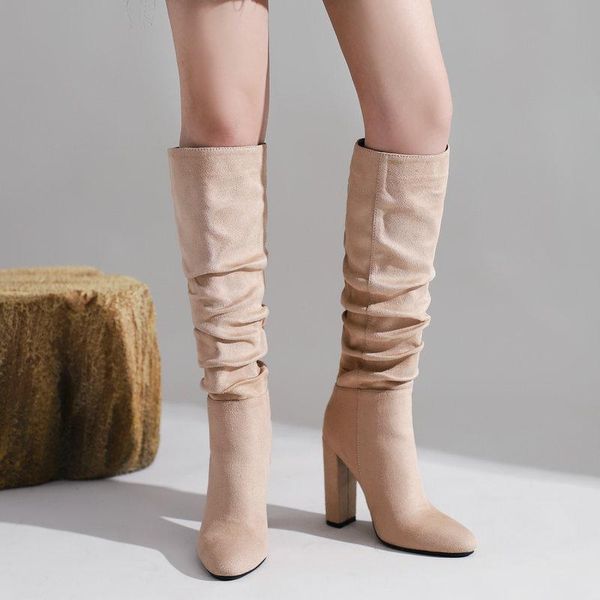 

boots ladies knee high fashion pleated slip on comfortable long faux suede square heel simple women's shoes, Black