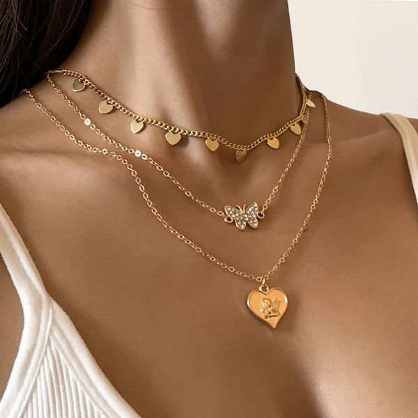 

chains vintage geometric butterfly heart pendant clavicle necklace metal golden multilayer chain tassel for women girl jewelry, Silver