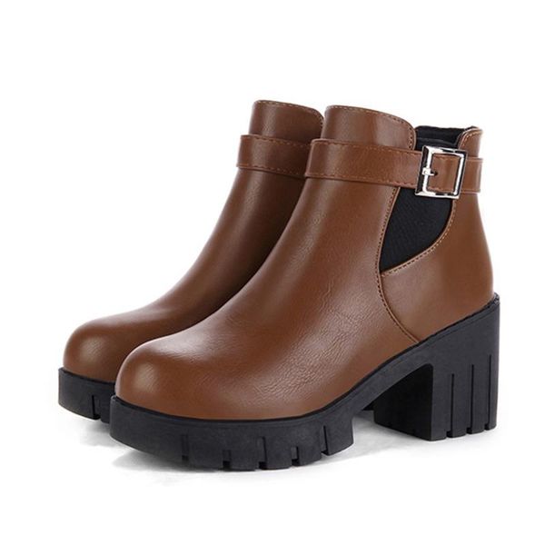 

boots 2021 winter platform thick with short leather women fashion round head belt buckle bare high heels, Black