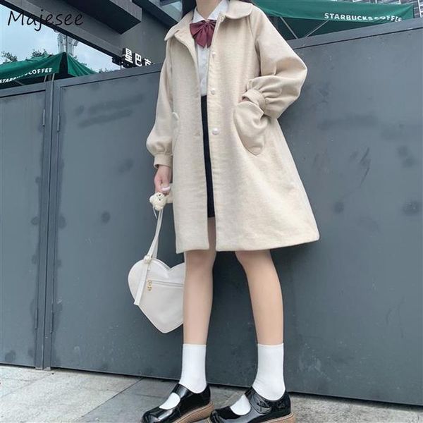 

wool & blends women solid beige pockets kawaii sweet warm loose winter female coats harajuku lovely young korean style trendy women's, Black