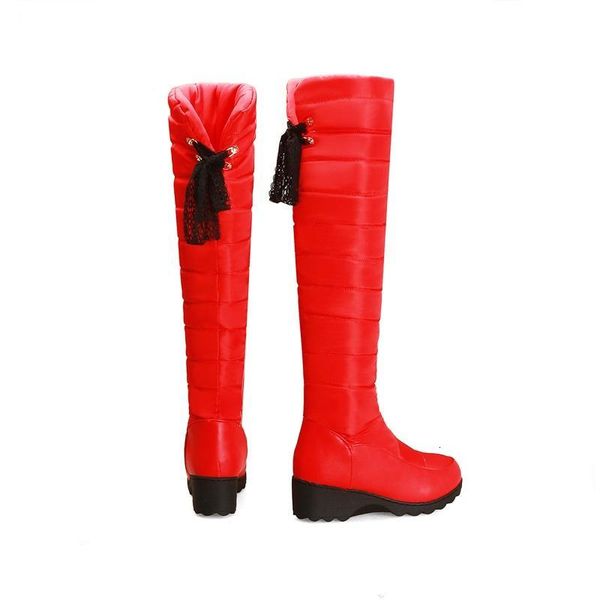 

boots winter warm down knee high boots women comfy flat snow lace-up platform woman long shoes black red plus size d8r5