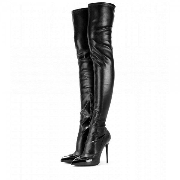 

2021 winter fashion thigh-high boots black pointed toes cat high heels soft leather women shoes long footwear plus size 46