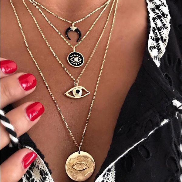 

vintage turkish eye pendant gold color necklace for women girl short chain layered moon choker boho jewelry necklaces, Silver