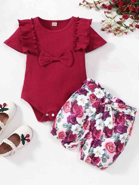 

baby bow front ruffle trim bodysuit & floral print belted shorts she, White