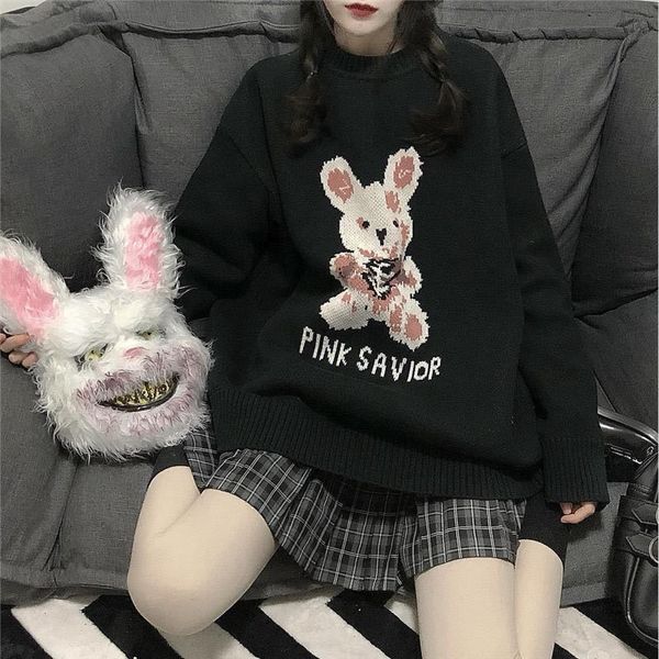 

autumn winter harajuku bunny women sweaters knitting sleeve casual long tide printed loose boyfriend pullover gothic punk, White;black