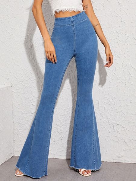 

high waisted raw hem flare leg jeans o4hg#, Blue