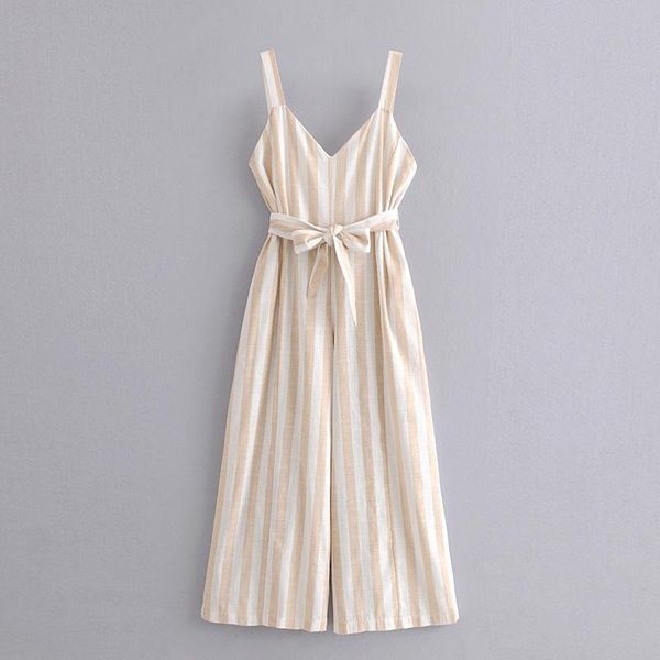 

women's jumpsuits & rompers vomvoa 2021 spring loose v-neck bow decoration belt light beige striped linen blend wide leg jumpsuit 27321, Black;white