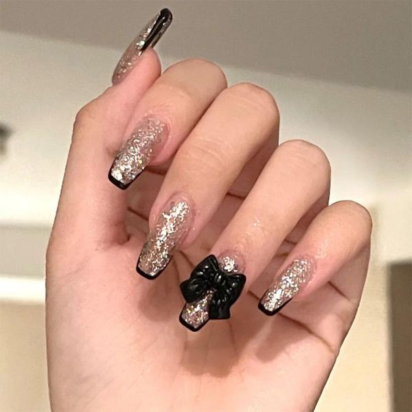 

false nails nail art 24pcs gold powder patch glue type removable long paragraph black border shiny manicure save time, Red;gold