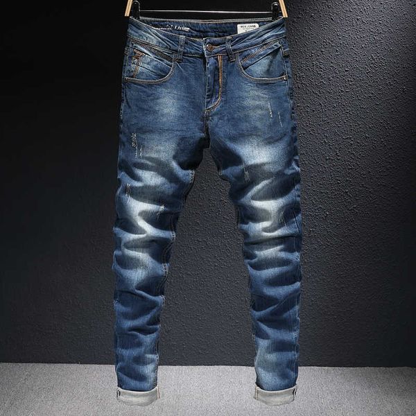 

ly korean fashion men jeans retro dark blue elastic cotton ripped vintage designer slim fit denim pants 0vcm