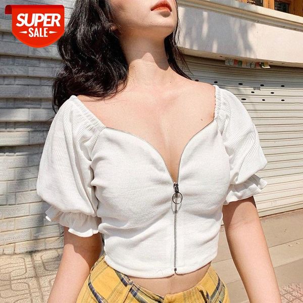

[in stock]european and american women's summer cropped short-sleeved t-shirt women 22085 v-neck trumpet sleeve zipper cardigan #362f, White