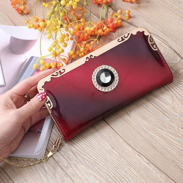 

crown wallet women leather long phone pocket ladies clutch purse handbags wallets money chain evening bag w042, Red;black