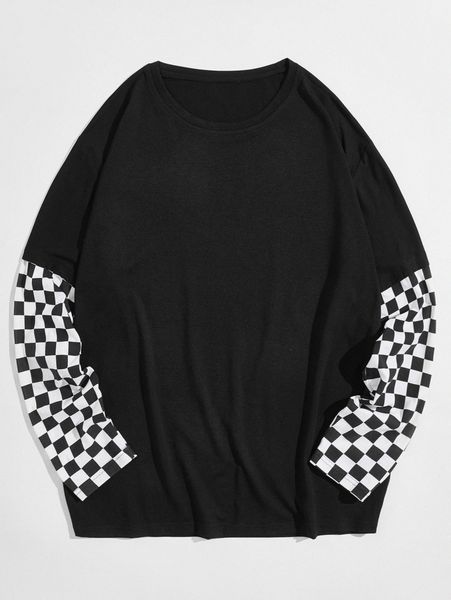

men checkerboard print sleeve tee k5rb#, White;black