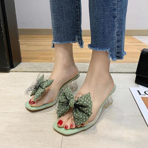 

slippers bow high heel transparent women shoes clear summer outdoor open toe slides sandals 2021, Black