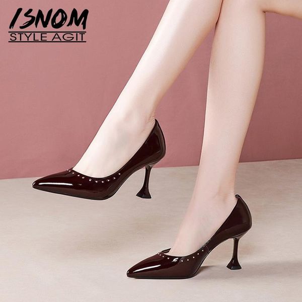 

dress shoes isnom patent leather pumps woman rivets pointed toe thin high heels stiletto women ladies, Black