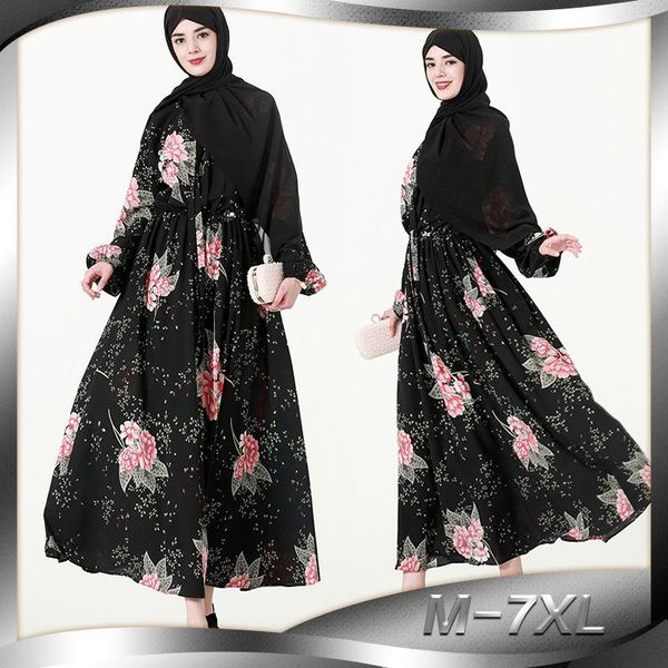 

casual dresses autumn winter women chiffon dress stand collar plus size 7xl long flower muslim robe abaya dubai turkish, Black;gray