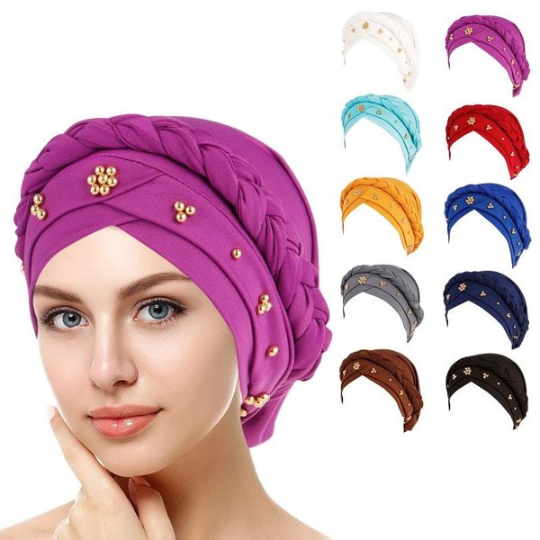 

beanies fashion african women turban cap beaded headscarf beanie twisted braid wrap muslim hat faux pearl headwrap motocycle accessories