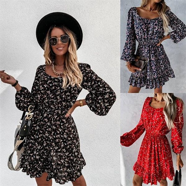 

casual dresses 2021 autumn puff long sleeve ruffle dress vintage women floral print party elegant square collar backless mini, Black;gray