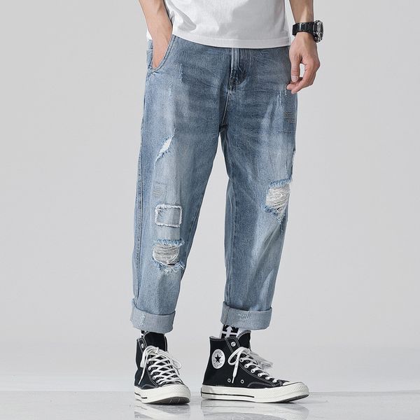 

men's jeans cycling spring retro hole teen moris trend patch small straight loose light color 9 points pants size 28-421 rzd7, Blue