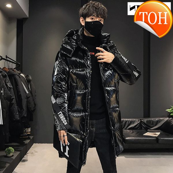 

anszktn long hooded jacket young edition men's winter leisure 80% white duck down upset man warm coat, Black