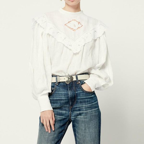 

women's blouses & shirts women white blouse & stand collar embroidery hollow out long sleeve office ladies 2021 early autumn shirt