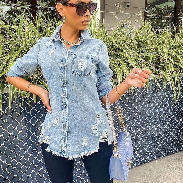 

women's jackets style ripped mid-length slim denim shirt jacket, Black;brown