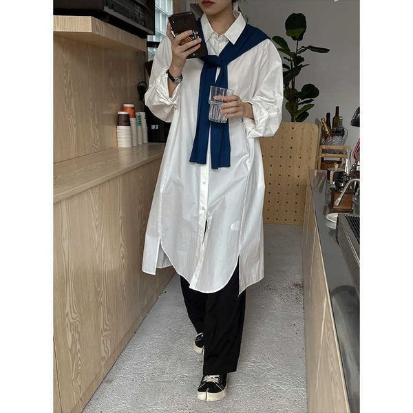 

[dai he] 2021 autumn new style korean version medium and long polo neck loose single breasted shirt dress women, White