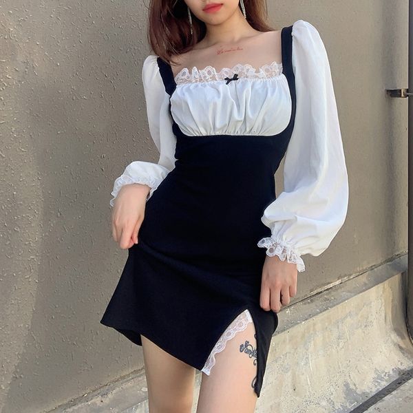 

feminine in elegant lace girl contrast long sleeve female dress fall thin slit skirt streetwear, Black;gray