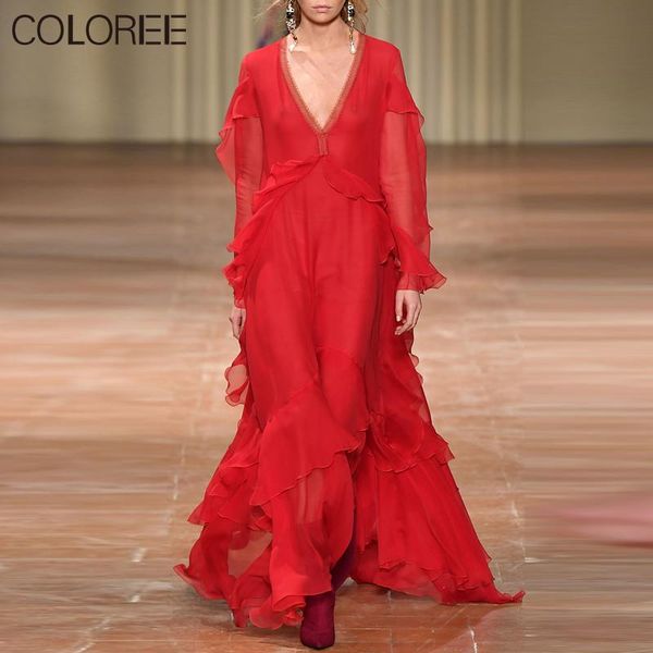 

casual dresses women red v-neck ruffles chiffon pleated long party dress 2021 summer vacation bohemian maxi beach, Black;gray
