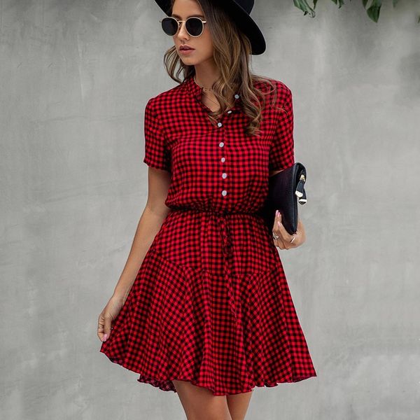 

summer women mini dress plaid striped snake print short sleeve button ruched nice eleagnt office shirt clothes 210520, Black;gray