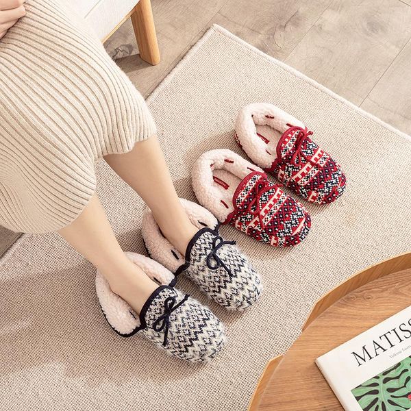 

millffy cute cozy home indoor warm grey red check pattern plus velvet padded comfortable and cotton shoes slipper slippers, Black