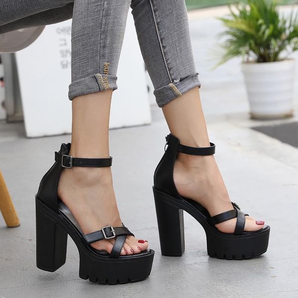 

sandals 2021 women's thick-heeled waterproof platform cross buckle hollow banquet nightclub rome high-heeled shoes, Black