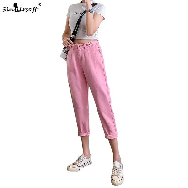 

women's jeans high waist jean femme mujer harem pants women casual loose ankle-length denim woman yellow pink solid trousers, Blue