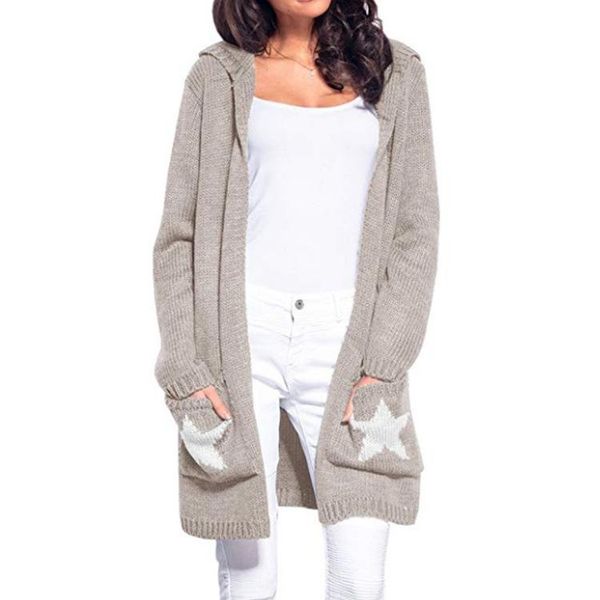 

casual loose pocket five star print autumn and winter long hooded clothes women vestidos sweater cardigan women's knits & tees, White