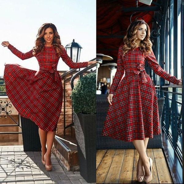 

casual dresses ladies spring and autumn retro round neck long-sleeved bowknot slim plaid cocktail party long dress college style, Black;gray