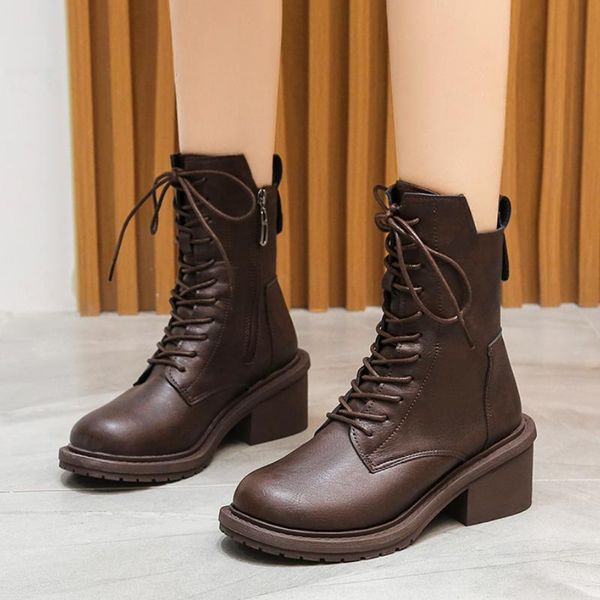 

boots women 2021 fashion warm shoes chunky high heels motorcycle round toe wild woman ankle boot casual, Black