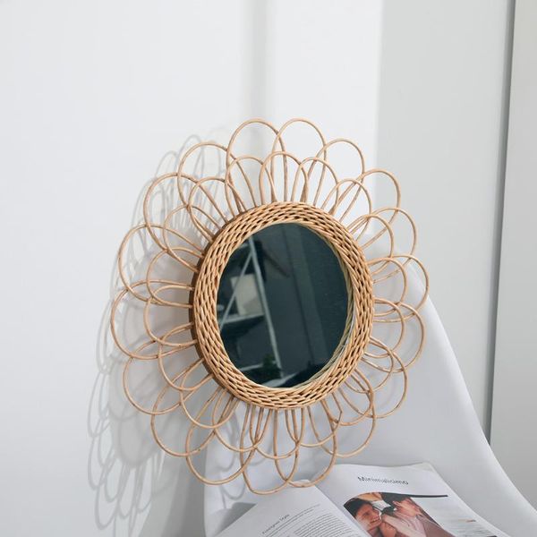 

ly hanging mirror rattan sunflower circular wall boho wicker dressing makeup mirrors xsd88