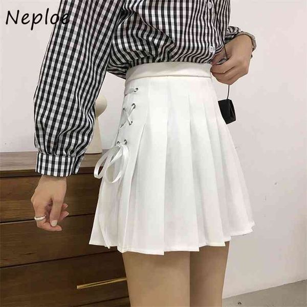 

summer autumn pleated skirt women all-match drawstring jupe preppy style solid color a-line high waist 210422, Black