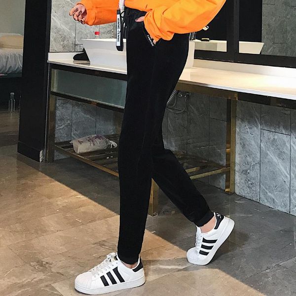 

women's pants & capris 2021 autumn and winter plus velvet thick warm high gold casual trousers, Black;white