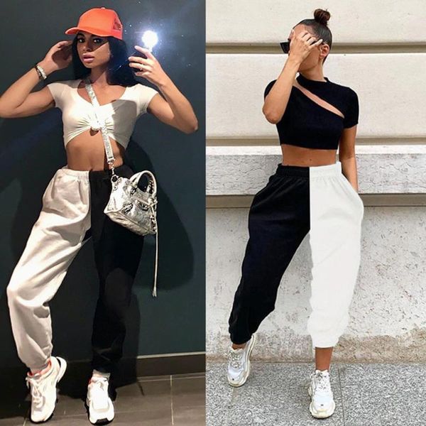 

women's pants & capris patchwork black white casual sweatpants women fashion high waist harem capirs autumn harajuku joggers trousers