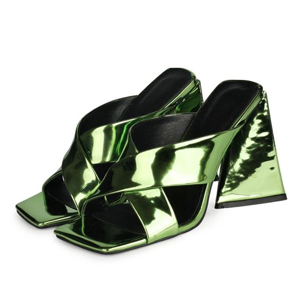 

eye-catching chunky heel green gold silver dress shoes slipper high heeled sandal for women square toe cross band plus size, Black