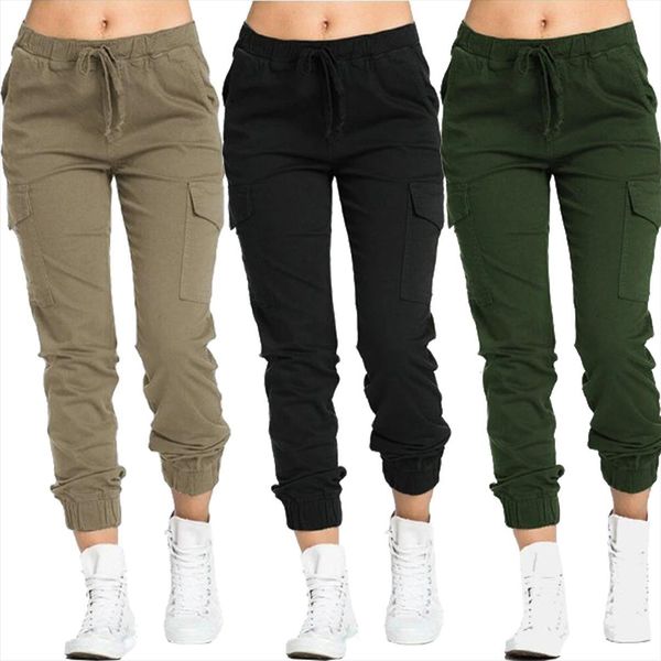 

solid cargo autumn casual lacing women pant drawstring high waist bottoms trousers fitness tracksuit hip hop, Black;white