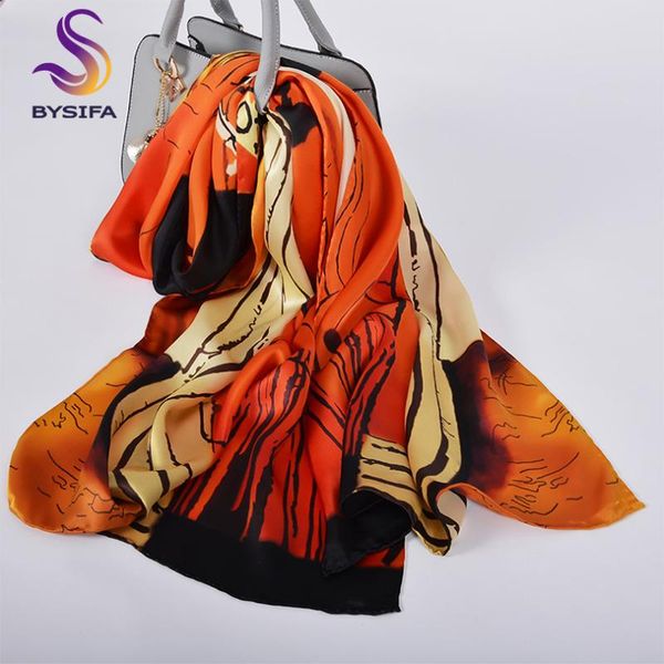 

scarves [bysifa] women 100%pure silk scarf shawl letter and striped long spring falll orange beige neck, Blue;gray