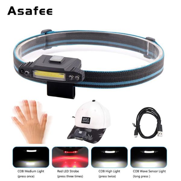 

asafee usb sensor cap light mini fishing head lamp clip-on hat hands for hunting camping 4 modes torch led portable lanterns