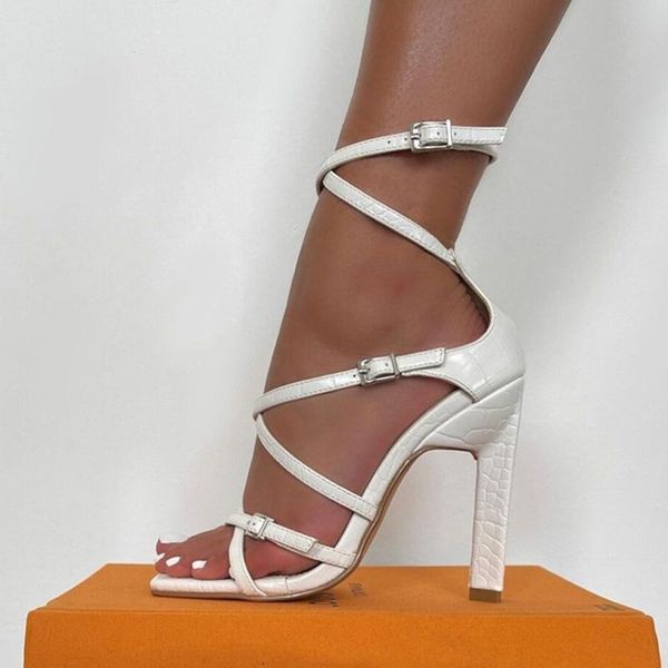 

dress shoes white snake print pu leather sandals women summer fashion square toe buckle strap designer slides thin high heels size 42, Black