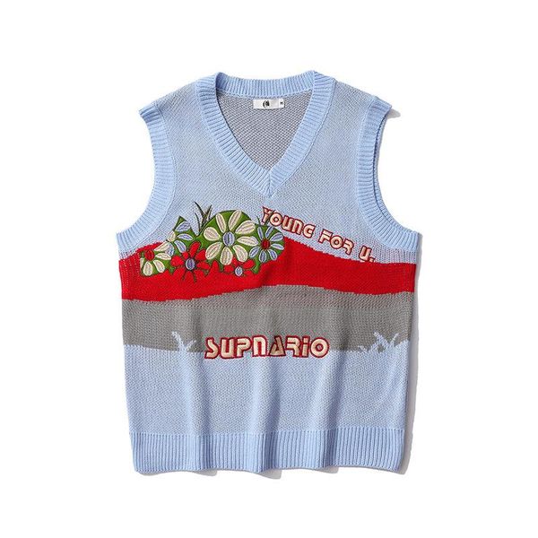 

men's vests ins retro autumn lazy style color matching embroidery vest sweater loose couple casual, Black;white