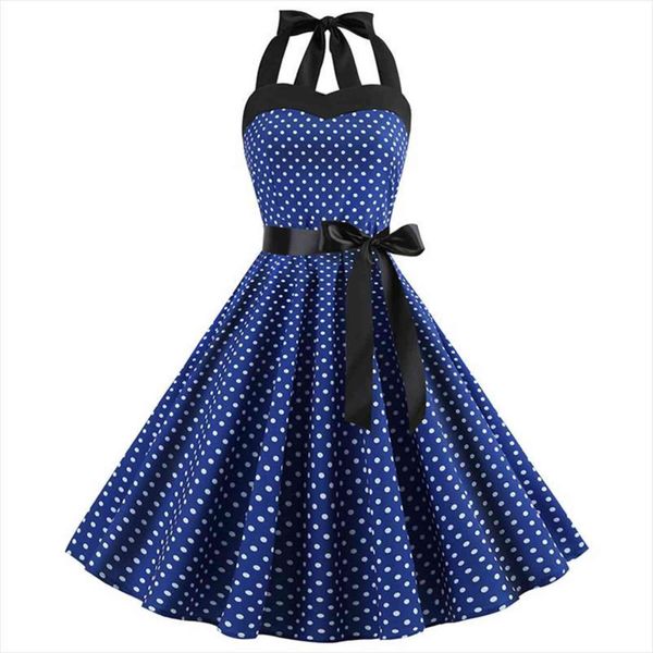 

retro white polka dot womens dress summer robe femme vintage pin up 50s 60s halter rockabilly party swing vestidos, Black;gray