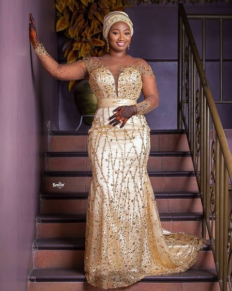 

2021 plus size arabic aso ebi gold luxurious mermaid prom dresses beaded sequins sheer neck evening formal party second reception 187v, Black
