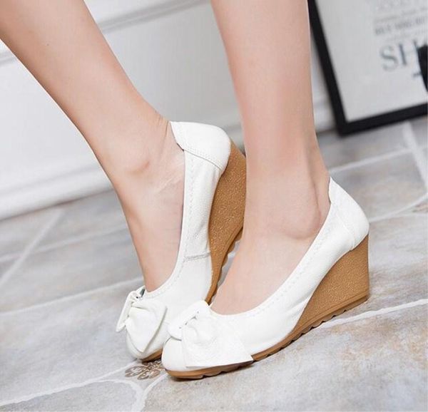 

dress shoes fashion women wedge genuine leather round toe high heels pumps woman mom shoes788, Black